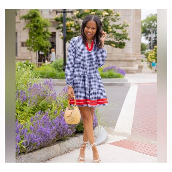 STS Sail To Sable Womens Cotton Long Sleeve Gingham Shift Dress Blue Size Medium - Picture 3 of 14